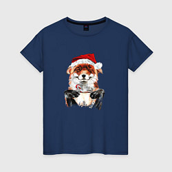Футболка хлопковая женская Christmas smile foxy, цвет: тёмно-синий