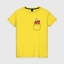 Футболка хлопковая женская Пачита в кармашке - Человек бензопила, цвет: желтый