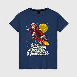 Футболка хлопковая женская Санта на скейте, цвет: тёмно-синий