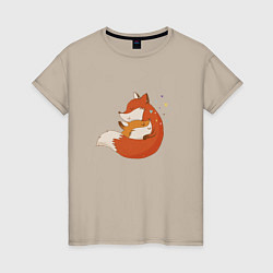 Футболка хлопковая женская Мама лиса и лисенок, цвет: миндальный