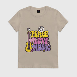 Футболка хлопковая женская Мир любовь и музыка, цвет: миндальный