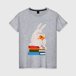 Футболка хлопковая женская Читающий кролик на книгах, цвет: меланж