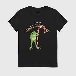 Футболка хлопковая женская Merry christmas from a frog, цвет: черный