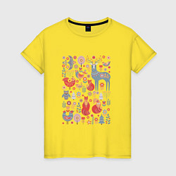 Футболка хлопковая женская Животные, птицы, растения в скандинавском стиле, цвет: желтый