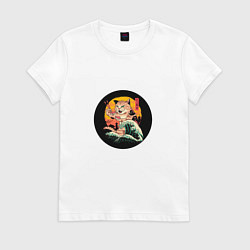 Футболка хлопковая женская Японский кот с суши, цвет: белый