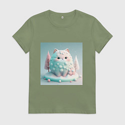 Футболка хлопковая женская Толстый снежный котик пастельные цвета, цвет: авокадо