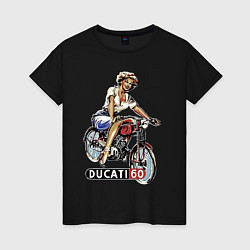Футболка хлопковая женская Красивая девушка на мотоцикле Ducati - retro, цвет: черный