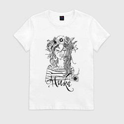 Футболка хлопковая женская Ника в венке из летних цветов, цвет: белый