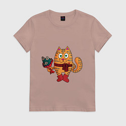 Футболка хлопковая женская Влюбленный рыжий кот с рыбным букетом, цвет: пыльно-розовый
