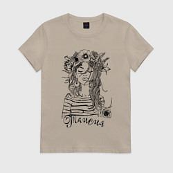 Футболка хлопковая женская Таисия в венке из летних цветов, цвет: миндальный