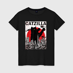 Футболка хлопковая женская Catzilla in Tokyo мем, цвет: черный