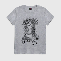 Футболка хлопковая женская Элеонора в венке из летних цветов, цвет: меланж