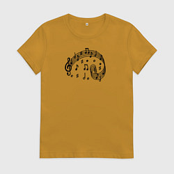 Футболка хлопковая женская Черные ноты и скрипичный ключ, цвет: горчичный