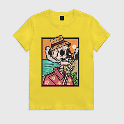 Футболка хлопковая женская Скелет в гавайской рубашке курит сигарету, цвет: желтый