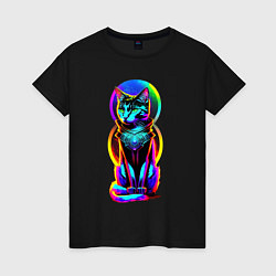 Футболка хлопковая женская Кот в стиле киберпанк, цвет: черный