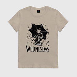 Футболка хлопковая женская Уэнсдэй под дождем, цвет: миндальный