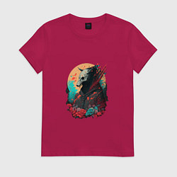 Футболка хлопковая женская Самурай череп япония, цвет: маджента