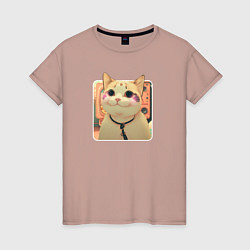 Футболка хлопковая женская Cat smiling meme art, цвет: пыльно-розовый