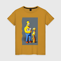 Футболка хлопковая женская Homer Simpson and cats - нейросеть арт, цвет: горчичный