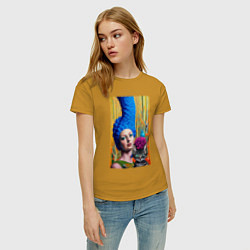 Футболка хлопковая женская Мардж Симпсон с кошкой - нейросеть - art, цвет: горчичный — фото 2