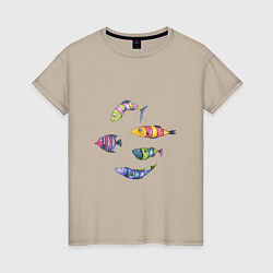 Футболка хлопковая женская Пять полосатых рыбок, цвет: миндальный