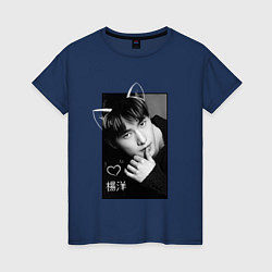 Футболка хлопковая женская Котик Ян Ян, цвет: тёмно-синий