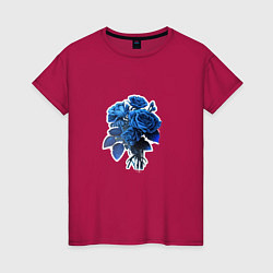 Футболка хлопковая женская Букет и синие розы, цвет: маджента
