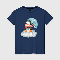 Футболка хлопковая женская Пингвин на облаке с зонтом, цвет: тёмно-синий