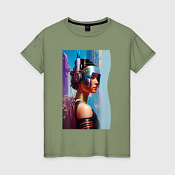 Футболка хлопковая женская Girl in helmet - cyberpunk - neural network, цвет: авокадо