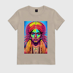 Футболка хлопковая женская Индеец в стиле поп-арт, цвет: миндальный