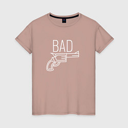 Футболка хлопковая женская Bad надпись с револьвером, цвет: пыльно-розовый