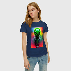 Футболка хлопковая женская Alien - neural network - art - neon glow, цвет: тёмно-синий — фото 2