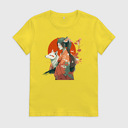 Футболка хлопковая женская Аниме девочка - кошка и волк, цвет: желтый