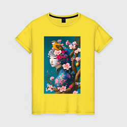 Футболка хлопковая женская Девушка с птицей на фоне цветущей сакуры, цвет: желтый