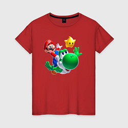 Футболка хлопковая женская Марио, Йоши и звезда, цвет: красный