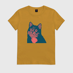 Футболка хлопковая женская Vintage pixel cat, цвет: горчичный