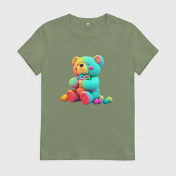 Футболка хлопковая женская Медвежонок в ярких красках, цвет: авокадо