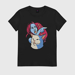 Футболка хлопковая женская Cat and girl, цвет: черный