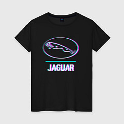Футболка хлопковая женская Значок Jaguar в стиле glitch, цвет: черный