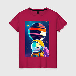 Футболка хлопковая женская Улыбчивый астронавт в космосе, цвет: маджента