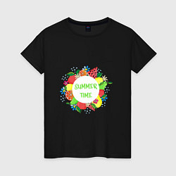 Футболка хлопковая женская Летние фрукты и цветы - время лета, цвет: черный