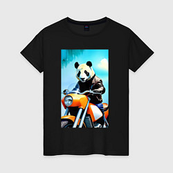 Футболка хлопковая женская Панда крутой байкер - нейросеть, цвет: черный