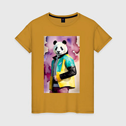 Футболка хлопковая женская Панда в модной куртке - акварель, цвет: горчичный