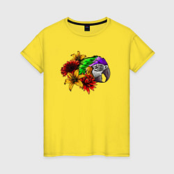 Футболка хлопковая женская Попугай в цветах, цвет: желтый