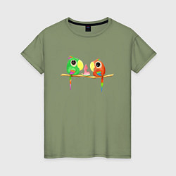 Футболка хлопковая женская Попугайчики и арбуз, цвет: авокадо