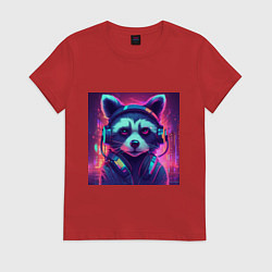 Футболка хлопковая женская Антропоморфный енот в наушниках на фоне киберпанк-, цвет: красный