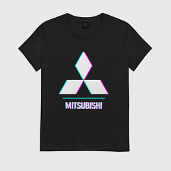 Футболка хлопковая женская Значок Mitsubishi в стиле glitch, цвет: черный
