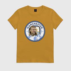 Футболка хлопковая женская Эрлинг Холанд Манчестер Сити, цвет: горчичный