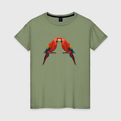 Футболка хлопковая женская Пара красных попугаев, цвет: авокадо