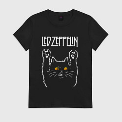 Футболка хлопковая женская Led Zeppelin rock cat, цвет: черный